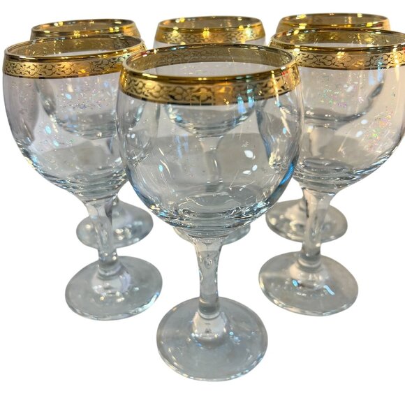 Vintage 50s Lot of 6 Crystal Circleware Classique Wine Glasses Gold Rim Stemware - Picture 1 of 6